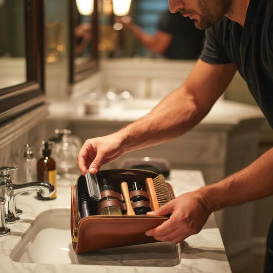 Une homme range une trousse de toilette