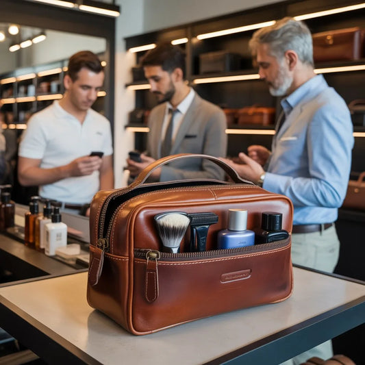Des acheteurs regardent une trousse de toilette