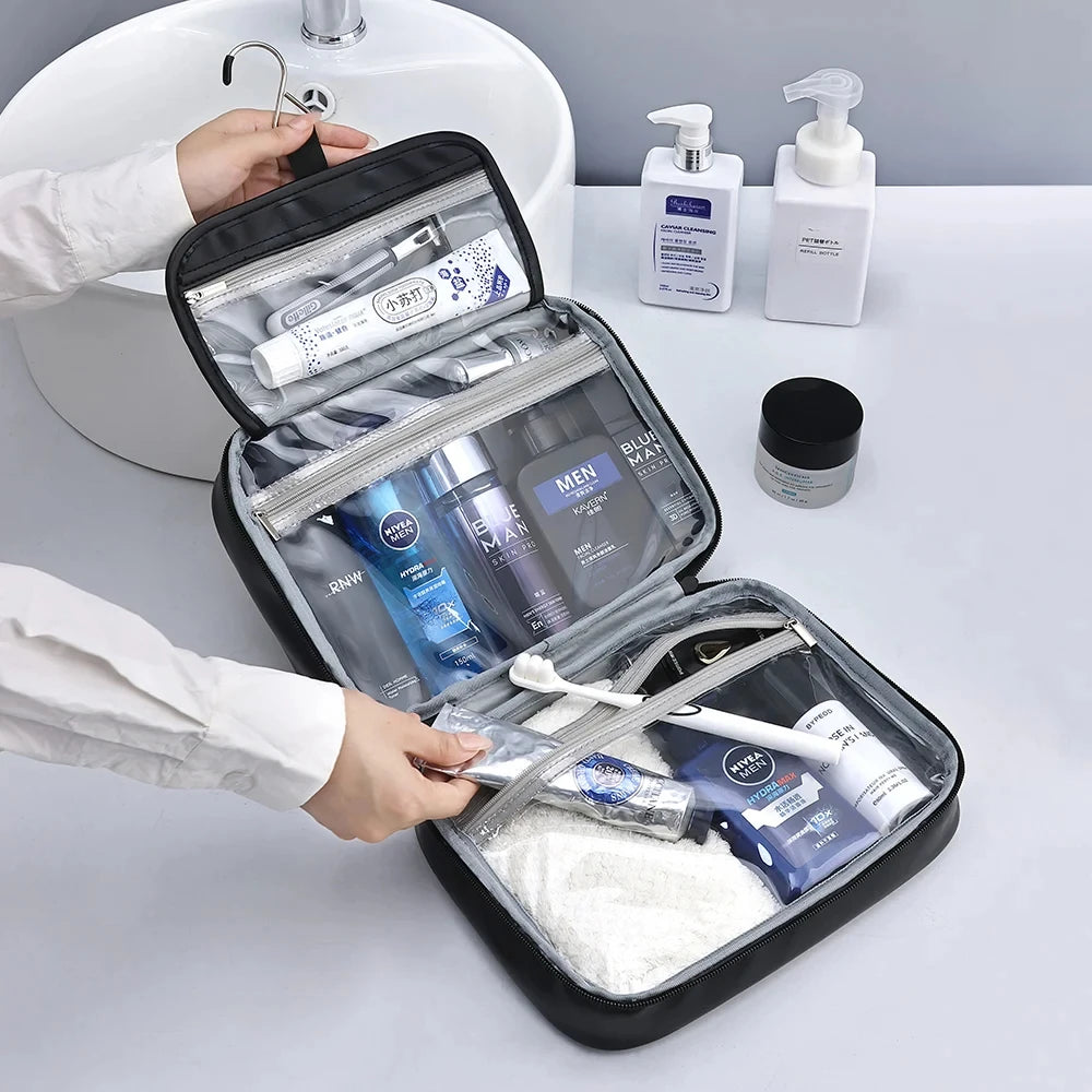 trousse de toilette homme cuir noir ouverte