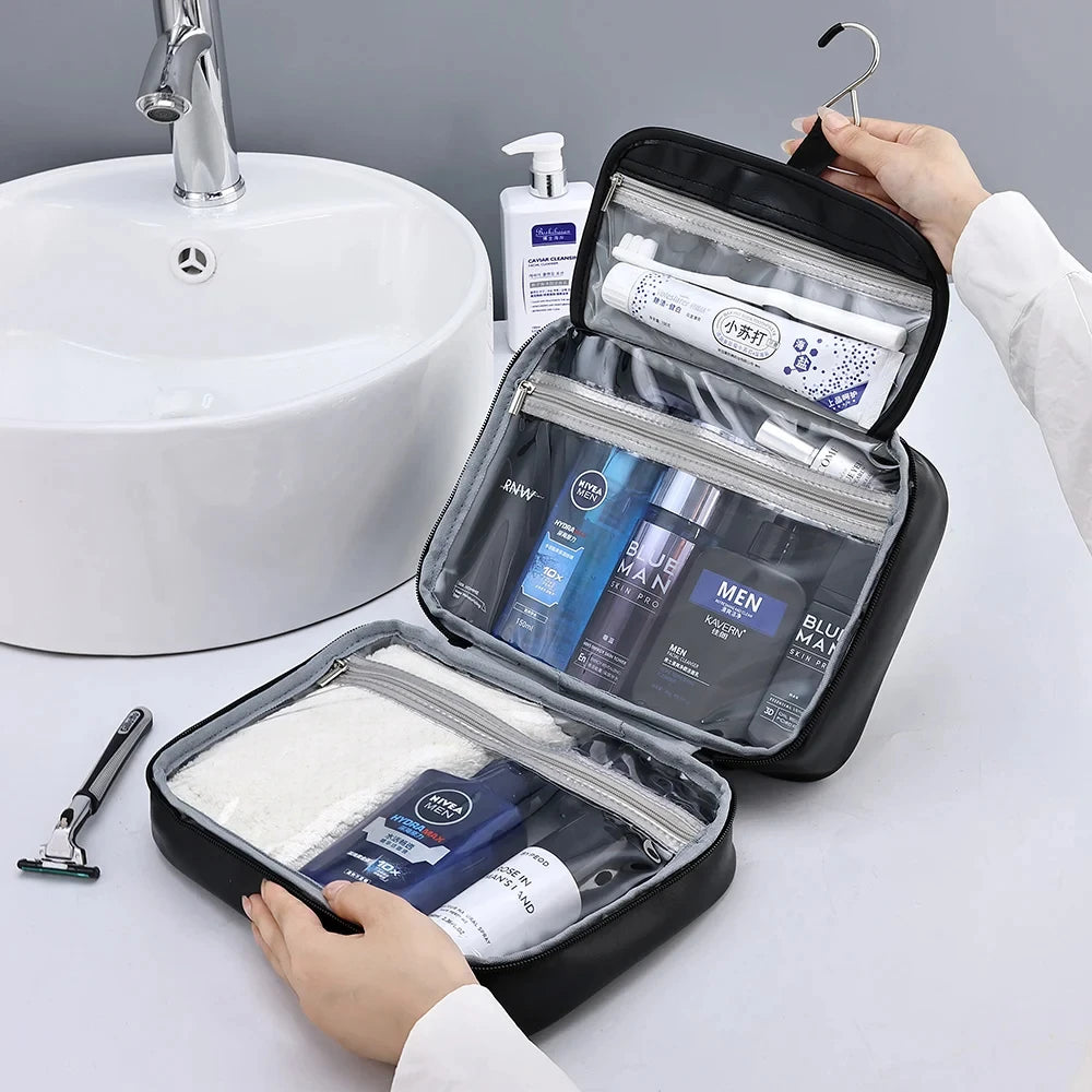 trousse de toilette homme cuir noir ouverte 2