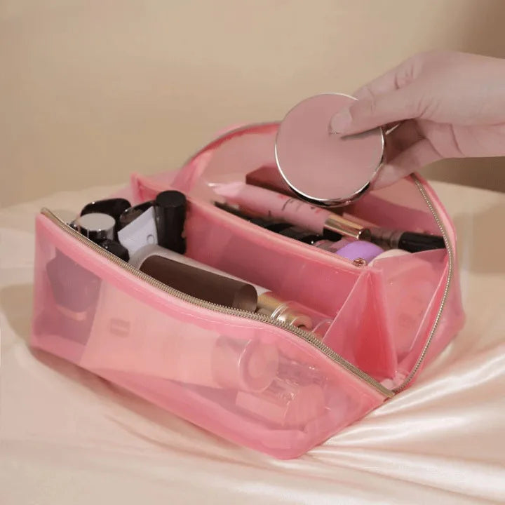trousse de toilette transparente rose